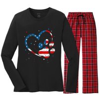 American Flag Patriotic Dog & Cat Paw Print 4th Of July Women's Long Sleeve Flannel Pajama Set 