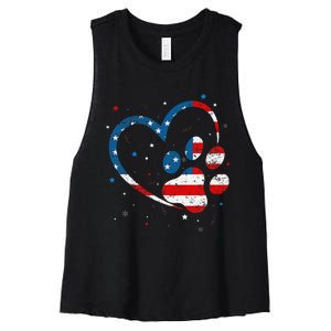 American Flag Patriotic Dog & Cat Paw Print 4th Of July Women's Racerback Cropped Tank