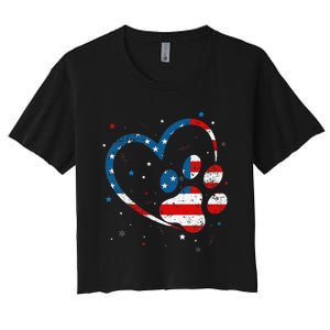 American Flag Patriotic Dog & Cat Paw Print 4th Of July Women's Crop Top Tee