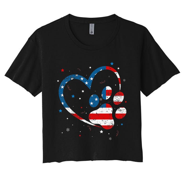 American Flag Patriotic Dog & Cat Paw Print 4th Of July Women's Crop Top Tee