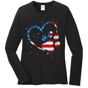 American Flag Patriotic Dog & Cat Paw Print 4th Of July Ladies Long Sleeve Shirt