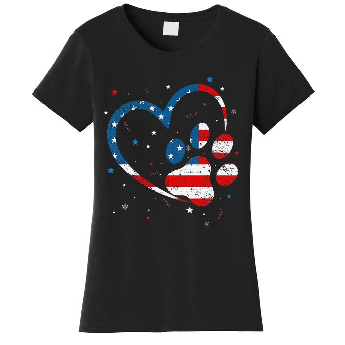 American Flag Patriotic Dog & Cat Paw Print 4th Of July Women's T-Shirt