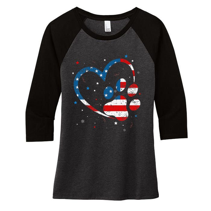 American Flag Patriotic Dog & Cat Paw Print 4th Of July Women's Tri-Blend 3/4-Sleeve Raglan Shirt