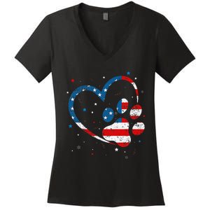 American Flag Patriotic Dog & Cat Paw Print 4th Of July Women's V-Neck T-Shirt