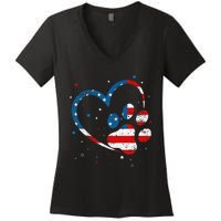 American Flag Patriotic Dog & Cat Paw Print 4th Of July Women's V-Neck T-Shirt