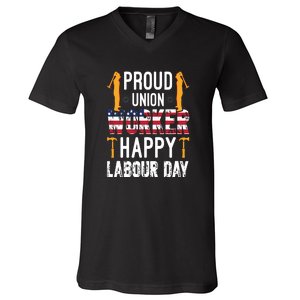 American Flag Proud Union Worker Happy Labor Day Gift V-Neck T-Shirt