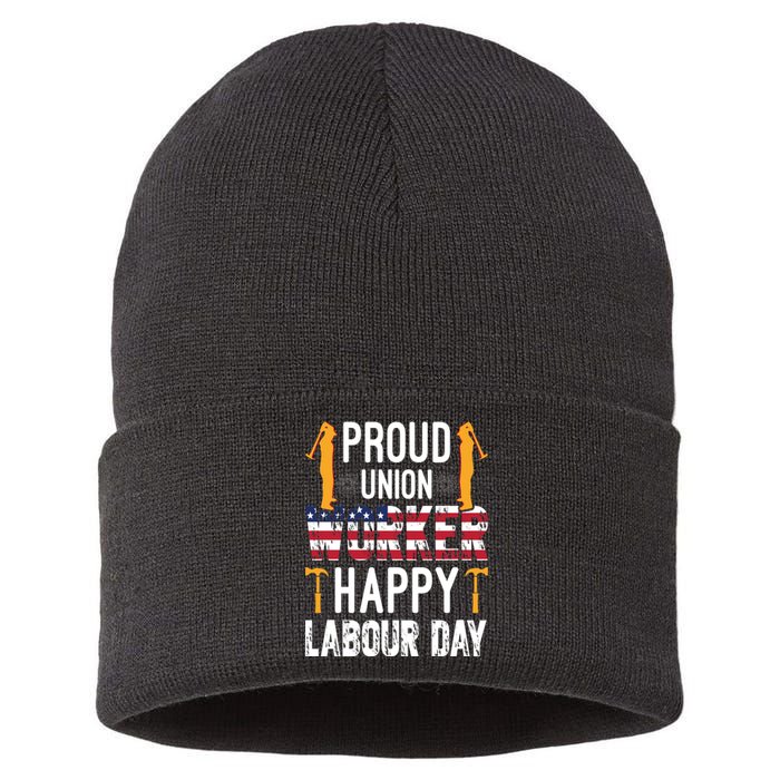 American Flag Proud Union Worker Happy Labor Day Gift Sustainable Knit Beanie