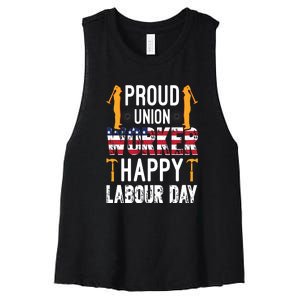 American Flag Proud Union Worker Happy Labor Day Gift Women's Racerback Cropped Tank