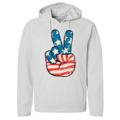 American Flag Peace Sign Hand 4th Of July Patriotic Performance Fleece Hoodie