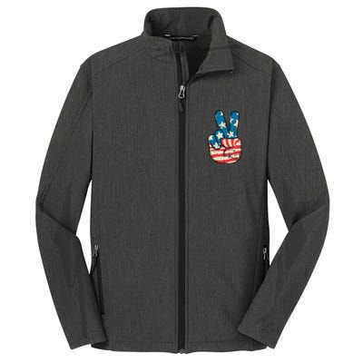 American Flag Peace Sign Hand 4th Of July Patriotic Core Soft Shell Jacket