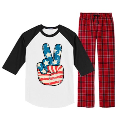 American Flag Peace Sign Hand 4th Of July Patriotic Raglan Sleeve Pajama Set