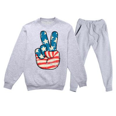 American Flag Peace Sign Hand 4th Of July Patriotic Premium Crewneck Sweatsuit Set