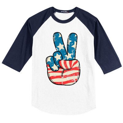 American Flag Peace Sign Hand 4th Of July Patriotic Baseball Sleeve Shirt