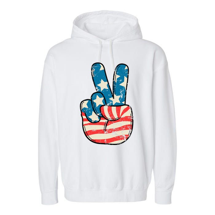 American Flag Peace Sign Hand 4th Of July Patriotic Garment-Dyed Fleece Hoodie