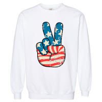 American Flag Peace Sign Hand 4th Of July Patriotic Garment-Dyed Sweatshirt