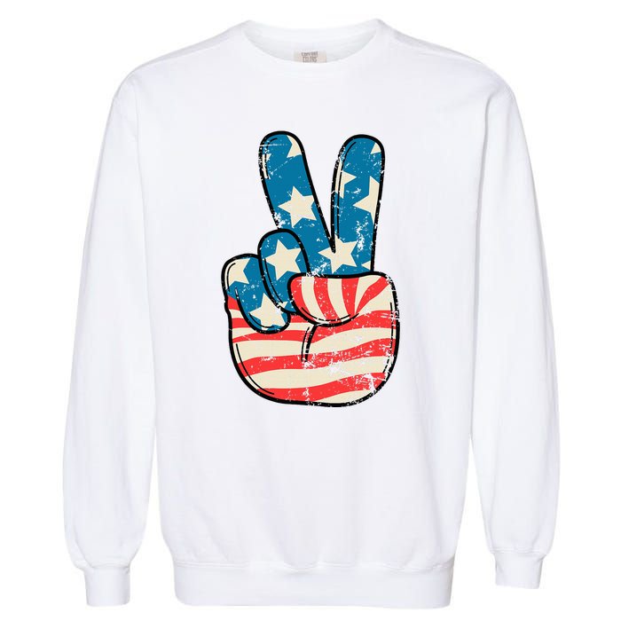 American Flag Peace Sign Hand 4th Of July Patriotic Garment-Dyed Sweatshirt