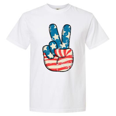 American Flag Peace Sign Hand 4th Of July Patriotic Garment-Dyed Heavyweight T-Shirt