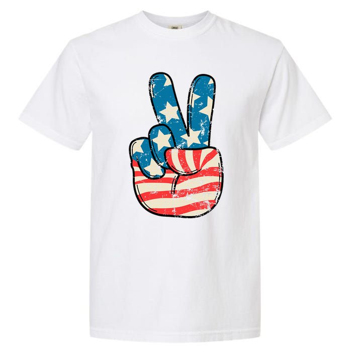 American Flag Peace Sign Hand 4th Of July Patriotic Garment-Dyed Heavyweight T-Shirt