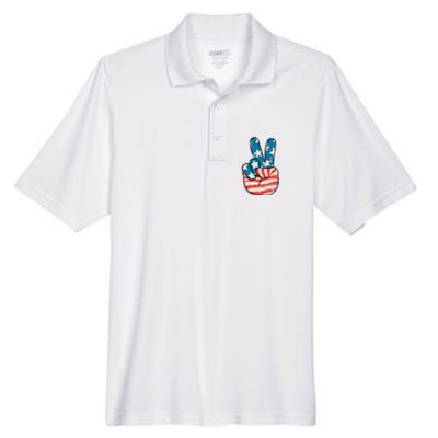 American Flag Peace Sign Hand 4th Of July Patriotic Men's Origin Performance Pique Polo