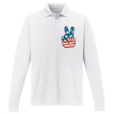 American Flag Peace Sign Hand 4th Of July Patriotic Performance Long Sleeve Polo