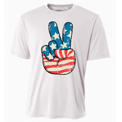 American Flag Peace Sign Hand 4th Of July Patriotic Cooling Performance Crew T-Shirt