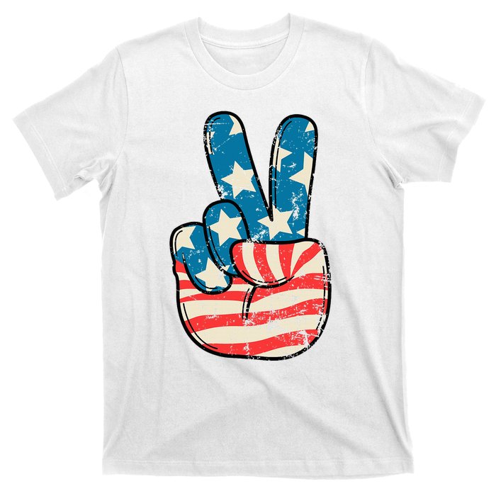 American Flag Peace Sign Hand 4th Of July Patriotic T-Shirt