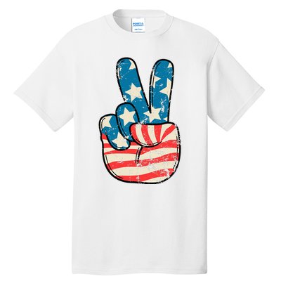 American Flag Peace Sign Hand 4th Of July Patriotic Tall T-Shirt