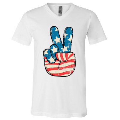 American Flag Peace Sign Hand 4th Of July Patriotic V-Neck T-Shirt