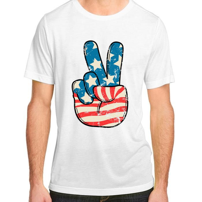 American Flag Peace Sign Hand 4th Of July Patriotic Adult ChromaSoft Performance T-Shirt