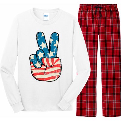 American Flag Peace Sign Hand 4th Of July Patriotic Long Sleeve Pajama Set