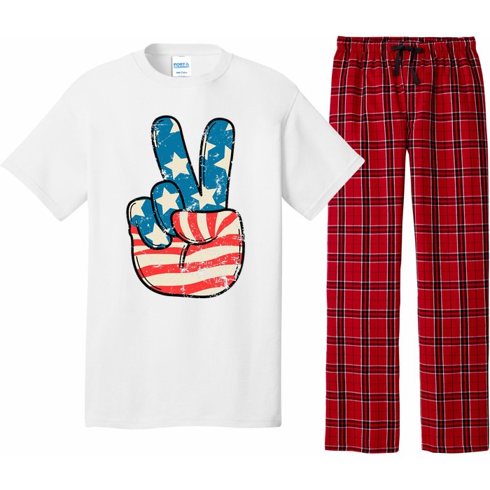 American Flag Peace Sign Hand 4th Of July Patriotic Pajama Set