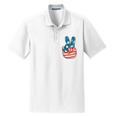 American Flag Peace Sign Hand 4th Of July Patriotic Dry Zone Grid Polo