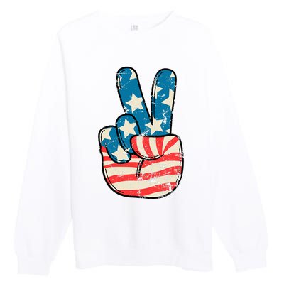 American Flag Peace Sign Hand 4th Of July Patriotic Premium Crewneck Sweatshirt