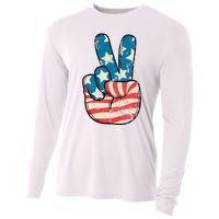 American Flag Peace Sign Hand 4th Of July Patriotic Cooling Performance Long Sleeve Crew