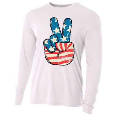 American Flag Peace Sign Hand 4th Of July Patriotic Cooling Performance Long Sleeve Crew