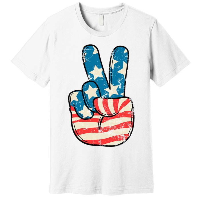 American Flag Peace Sign Hand 4th Of July Patriotic Premium T-Shirt