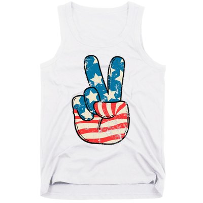 American Flag Peace Sign Hand 4th Of July Patriotic Tank Top