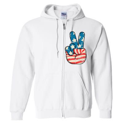 American Flag Peace Sign Hand 4th Of July Patriotic Full Zip Hoodie