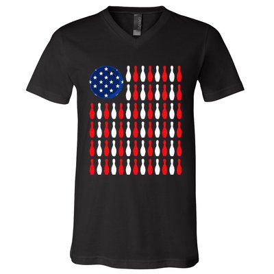 American Flag Patriotic Bowler & Bowling V-Neck T-Shirt