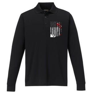 American Flag Patriotic Duck Hunting Waterfowl Performance Long Sleeve Polo