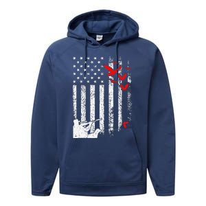 American Flag Patriotic Duck Hunting Waterfowl Performance Fleece Hoodie