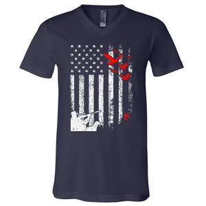 American Flag Patriotic Duck Hunting Waterfowl V-Neck T-Shirt