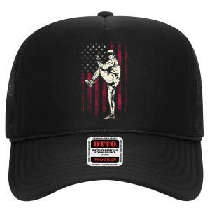 American Flag Pitcher Baseball Apparel Baseball High Crown Mesh Back Trucker Hat