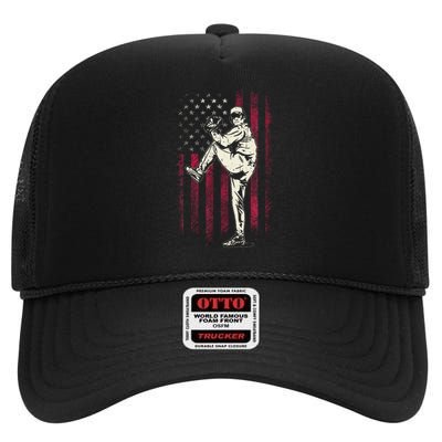 American Flag Pitcher Baseball Apparel Baseball High Crown Mesh Back Trucker Hat