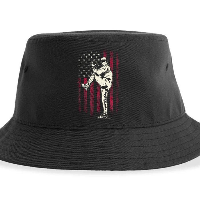 American Flag Pitcher Baseball Apparel Baseball Sustainable Bucket Hat