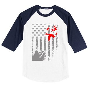 American Flag Patriotic Duck Hunting Waterfowl With Dog Great Gift Baseball Sleeve Shirt