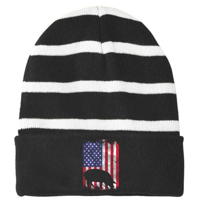 American Flag Pig Vintage Farm Animal Patriotic Farmer Gift Striped Beanie with Solid Band