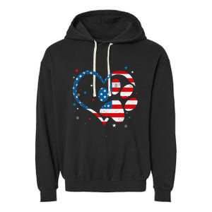 American Flag Patriotic Dog & Cat Paw 4th Of July Garment-Dyed Fleece Hoodie