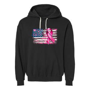 American Flag Pink Ribbon Breast Cancer Awareness Warriors Garment-Dyed Fleece Hoodie