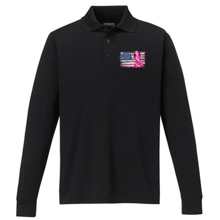 American Flag Pink Ribbon Breast Cancer Awareness Warriors Performance Long Sleeve Polo